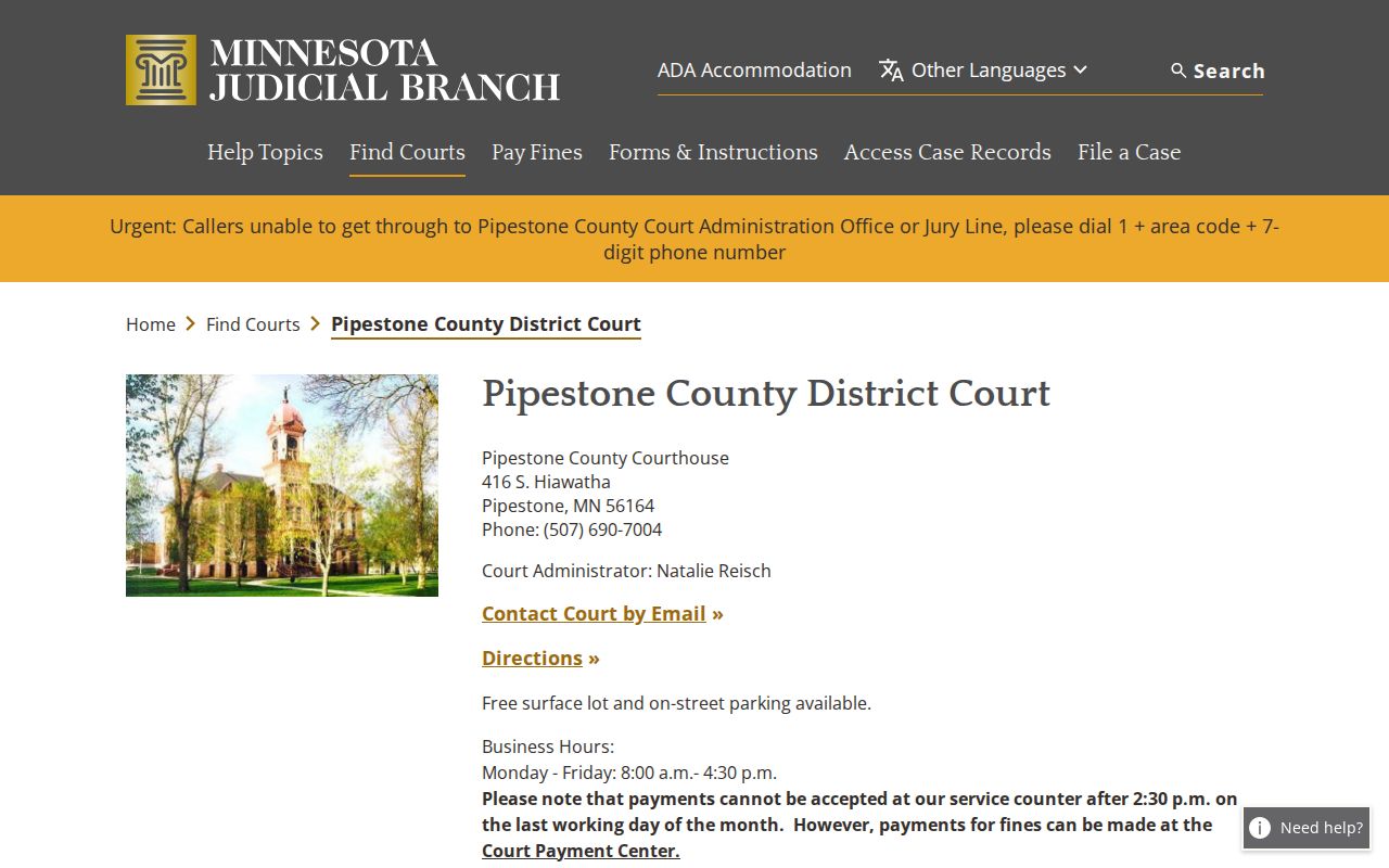 Pipestone County municipal warrant records district court address and hours