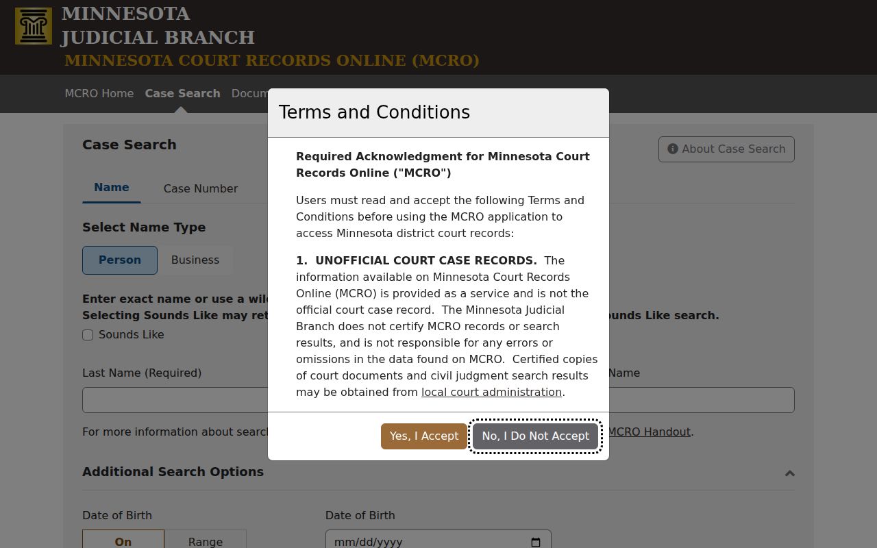 Pipestone warrant records search controls in Minnesota Court Records Online
