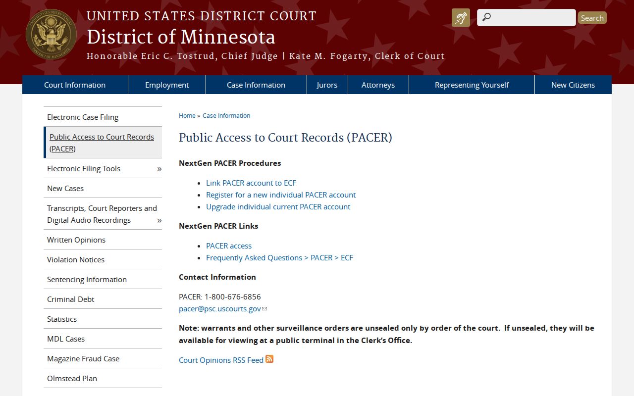 Pipestone County arrest warrant records federal PACER access notice
